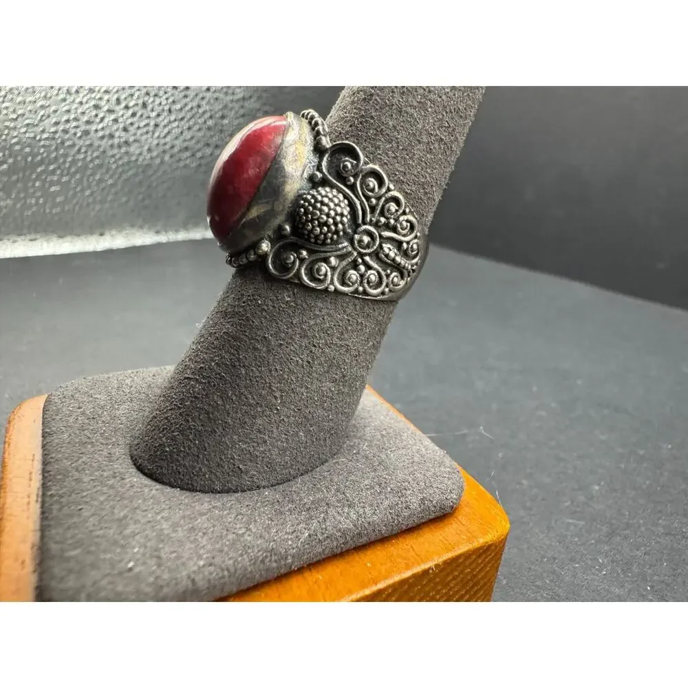 Vintage Rhodonite Sterling Silver 925 Ornate Filigree Cocktail Ring Sz 8